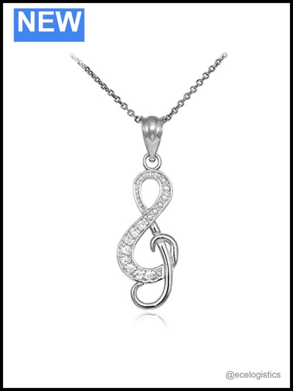 Sterling Silver CZ Treble Clef Music Note Pendant Necklace 18"